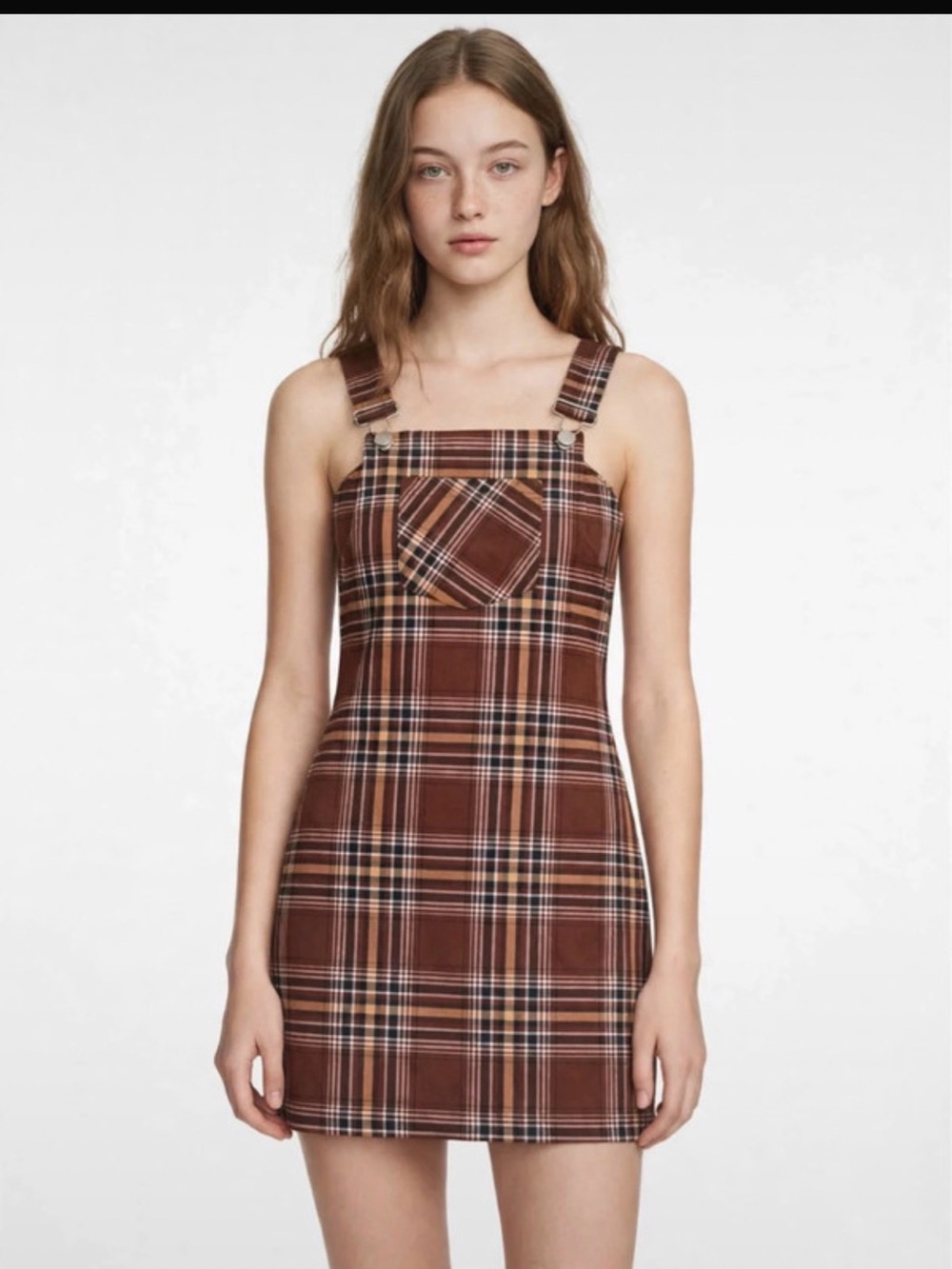 Brown Plaid Pinafore Mini Dress